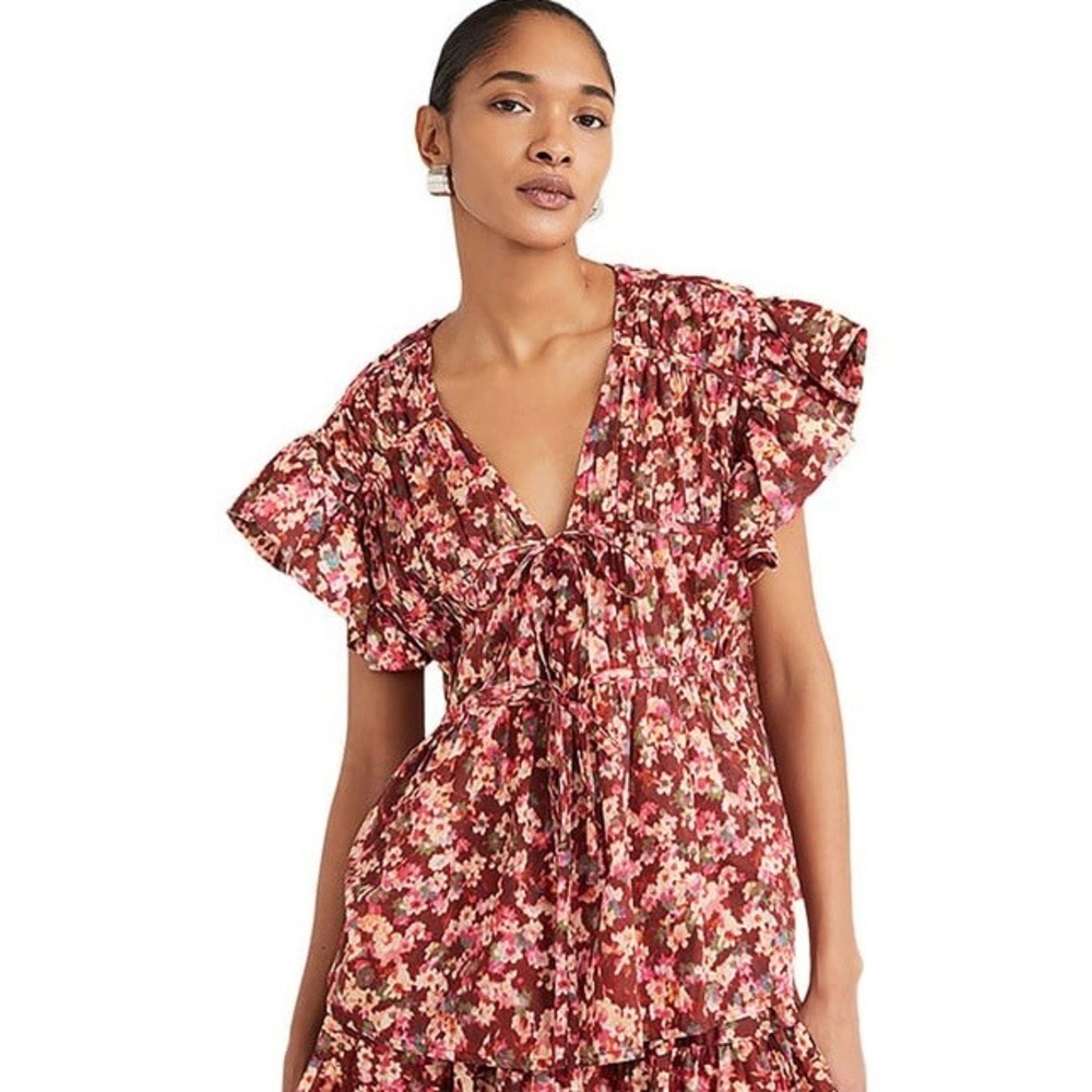 MERLETTE Mesa Print Top Women Small Burgundy Floral Flutter Sleeve V-Neck Cotton